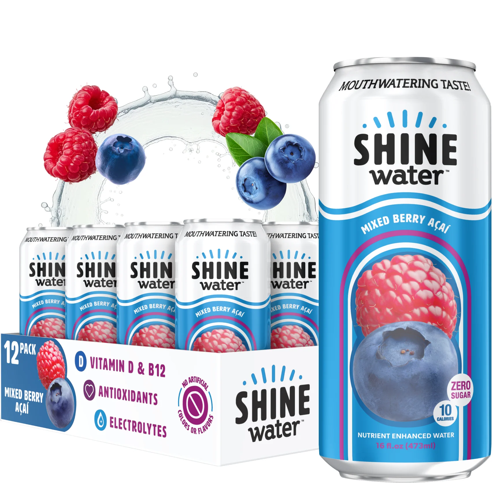 ShineWater Mixed Berries Acai Vitamin D Electrolyte Drink Pack (473ml x 12)